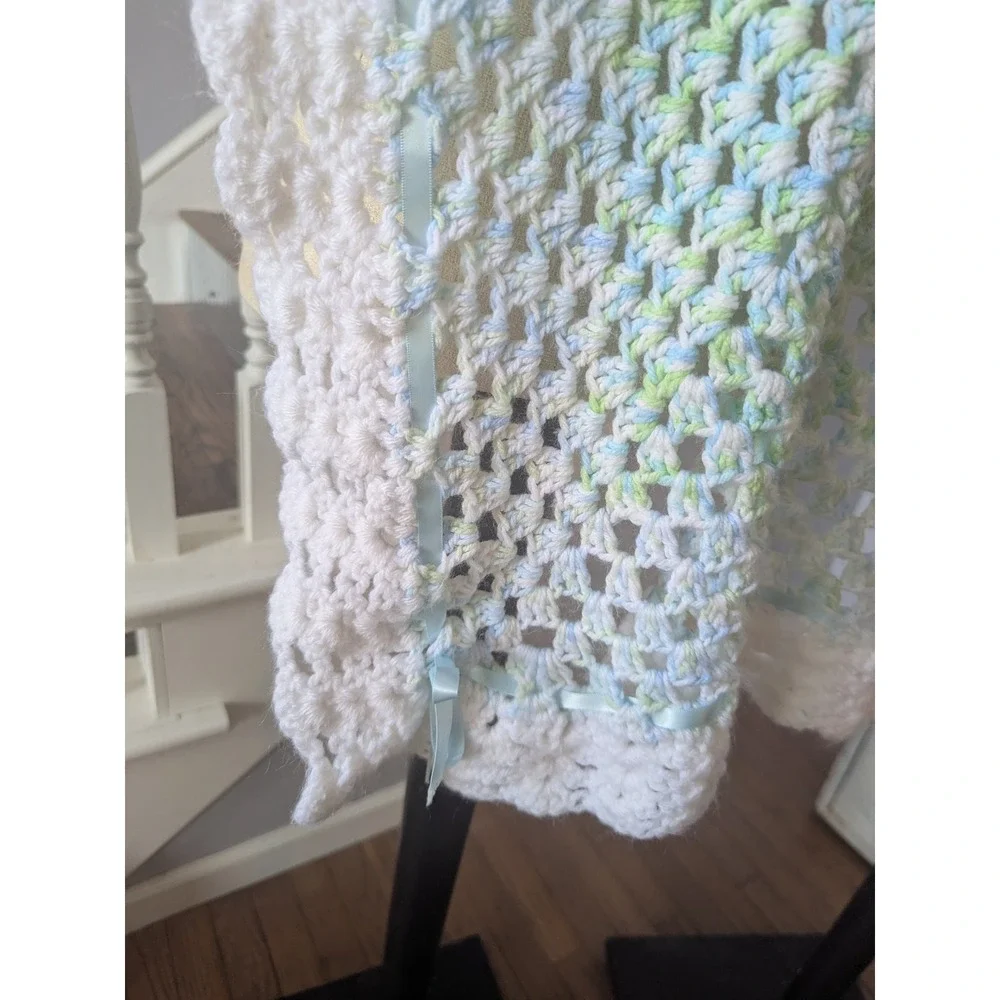 Crochet Knit Baby Blanket Blue Green‎ White Handmade Stroller Blanket Gift
